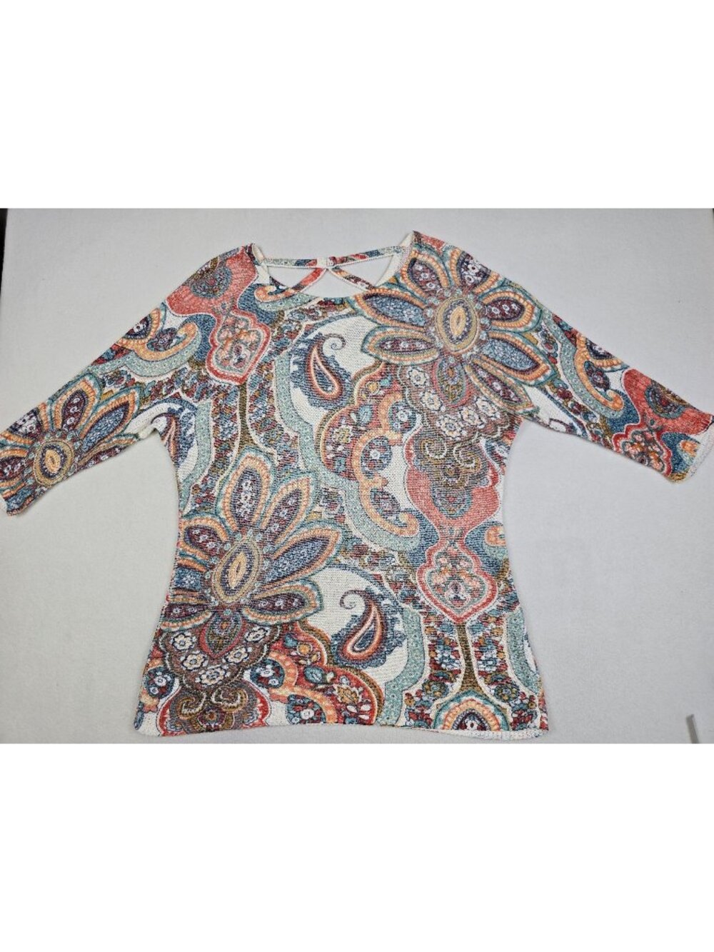 Chicos Size 2 Large Floral Paisley Print Tapestry Knit Sweater Tunic Top Dolman